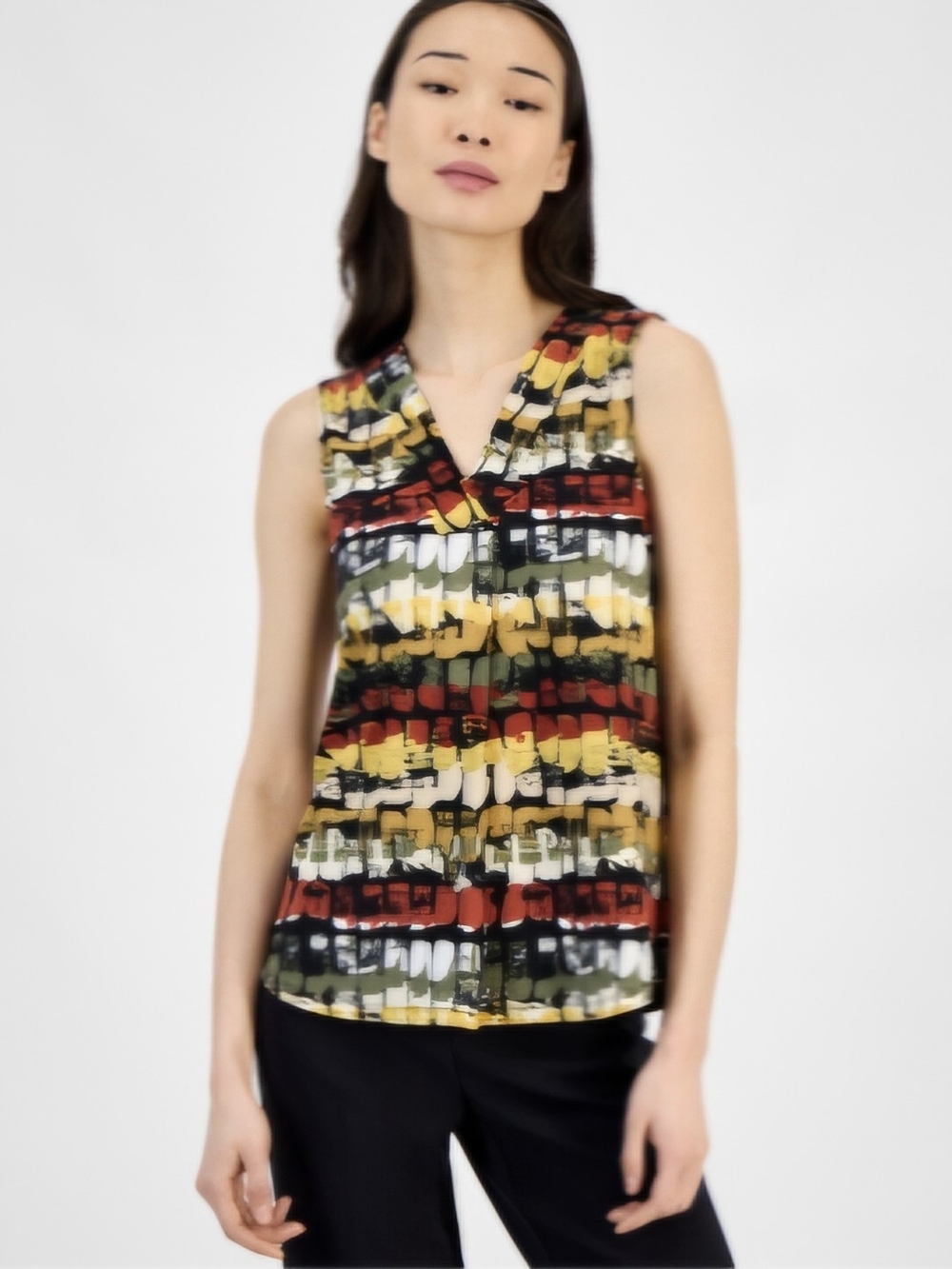 Anne Klein Sleeveless V-Neck Abstract Stripe Top in Red, Yellow, Green, Black